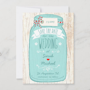 Red Gingham & Mint Mason Jar Save the Date