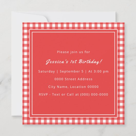 Red Gingham Monogram Birthday Party Einladung (Vorderseite)
