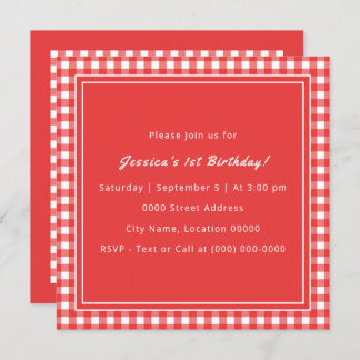 Red Gingham Monogram Birthday Party Einladung