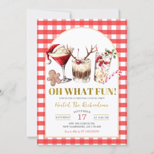 Red Gingham Oh What Fun Christmas Cocktail Party Einladung (Vorderseite)