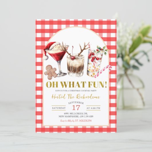 Red Gingham Oh What Fun Christmas Cocktail Party Einladung (Stehend Vorderseite)