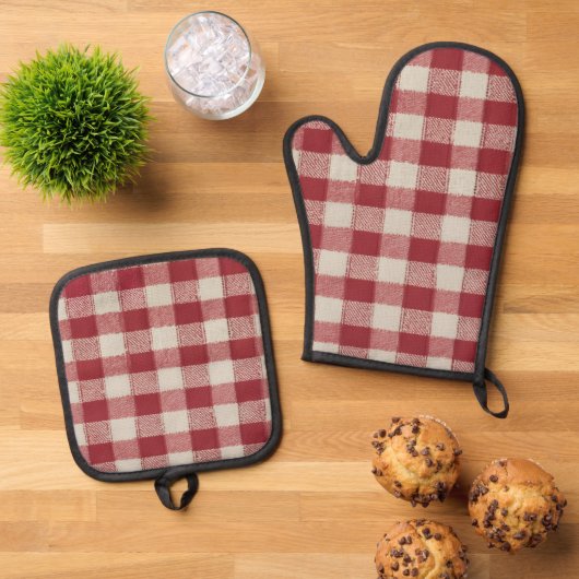 Red Gingham Oven Mitt and Pot Holder Set (Oben Unten)