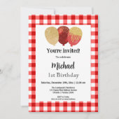Red Gingham, Party Balloons 1. Geburtstag Einladung (Vorderseite)