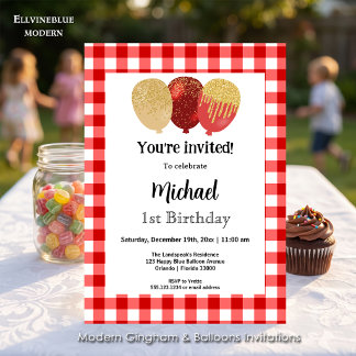 Red Gingham, Party Balloons 1. Geburtstag Einladung