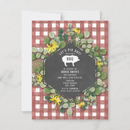 Red Gingham Pig Burlap Floral Birthday Grillen Einladung (Vorderseite)