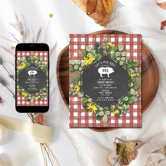 Red Gingham Pig Burlap Floral Birthday Grillen Einladung