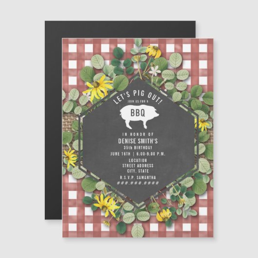Red Gingham Pig Burlap Floral Birthday Grillen Magneteinladung (Vorne/Hinten)