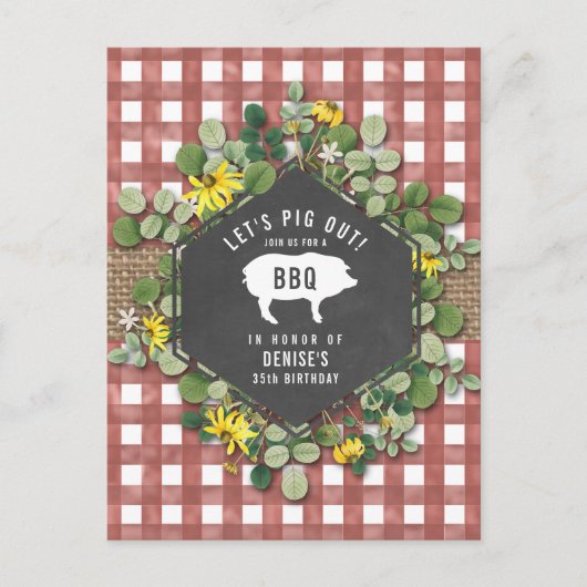 Red Gingham Pig Burlap Floral Birthday Grillen Postkarte (Vorderseite)