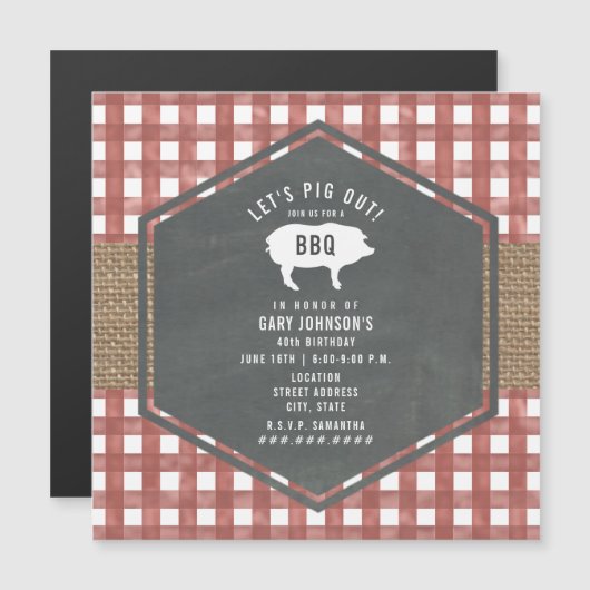 Red Gingham Pig Burlap Grillen Magneteinladung (Vorne/Hinten)