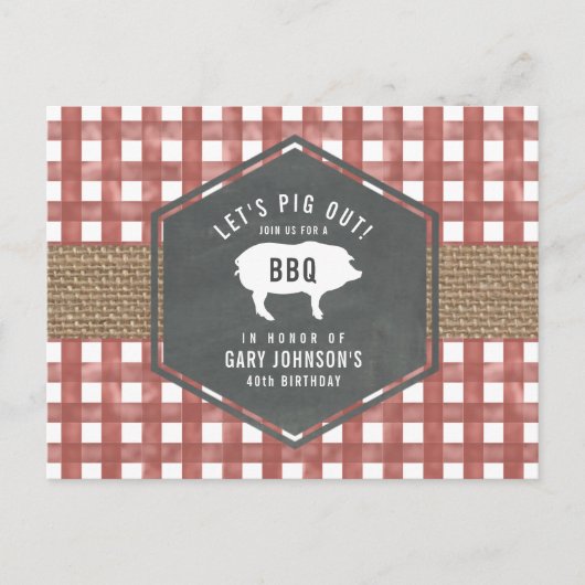 Red Gingham Pig Burlap Grillen Postkarte (Vorderseite)