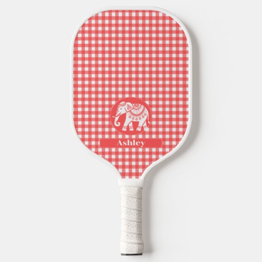 Red Gingham Plaid with White Elephant and Name Pickleball Schläger (Vorderseite)