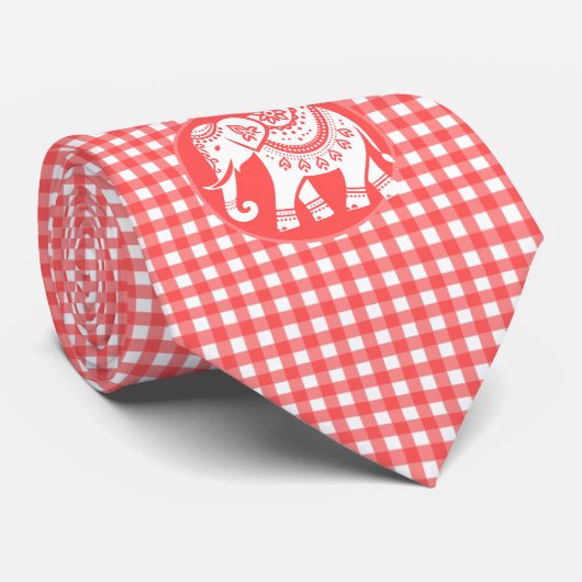 Red Gingham Plaid with White Elephant Krawatte (Gerollt)