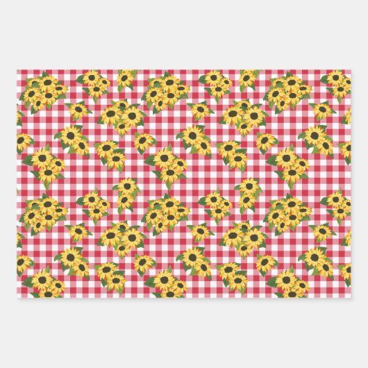 Red Gingham Polka Dots Sonnenblumen Blumenmuster Geschenkpapier Set (Vorderseite 2)