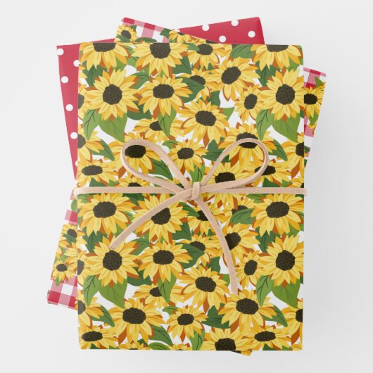 Red Gingham Polka Dots Sonnenblumen Blumenmuster Geschenkpapier Set (Beispiel)