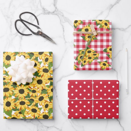 Red Gingham Polka Dots Sonnenblumen Blumenmuster Geschenkpapier Set (Vorderseite)
