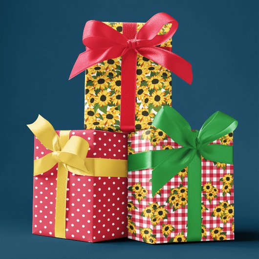Red Gingham Polka Dots Sonnenblumen Blumenmuster Geschenkpapier Set