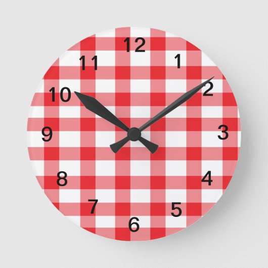 Red Gingham Runde Wanduhr (Vorderseite)