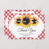 Red Gingham Rustic Sunflower Wedding Dankeskarte (Vorne/Hinten)