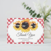 Red Gingham Rustic Sunflower Wedding Dankeskarte (Stehend Vorderseite)