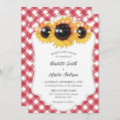 Red Gingham Rustic Sunflower Wedding Einladung (Vorne/Hinten)