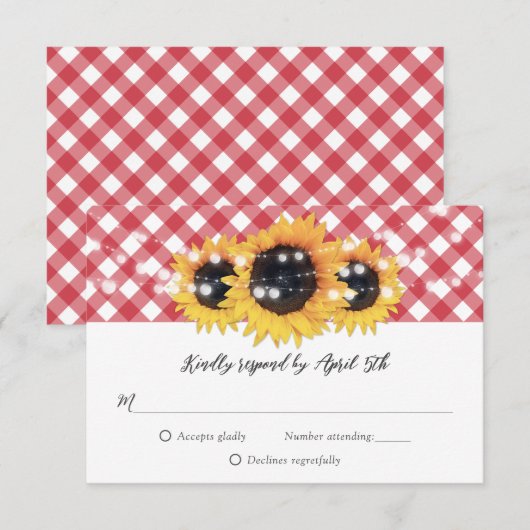 Red Gingham Rustic Sunflower Wedding RSVP Karte (Vorne/Hinten)