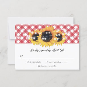 Red Gingham Rustic Sunflower Wedding RSVP Karte