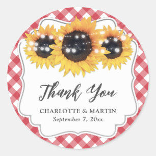 Red Gingham Rustic Sunflower Wedding Vielen Dank Runder Aufkleber