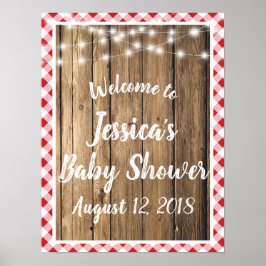 Red Gingham Rustic Wood Sting Lights Event Dusche Poster