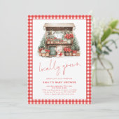 Red Gingham Script lokal Grown Xmas Baby Shower Einladung (Stehend Vorderseite)