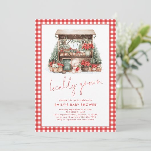 Red Gingham Script lokal Grown Xmas Baby Shower Einladung (Stehend Vorderseite)