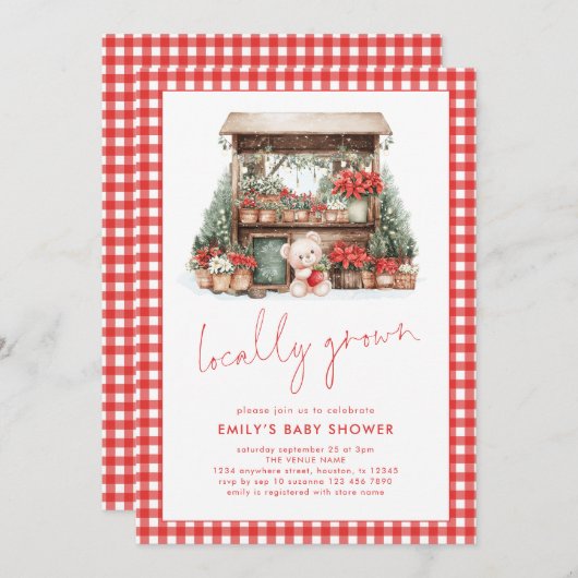 Red Gingham Script lokal Grown Xmas Baby Shower Einladung (Vorne/Hinten)