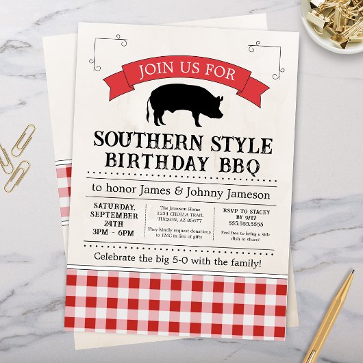 Red Gingham Southern GRILLEN Pig Roast Birthday Einladung