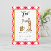 Red Gingham Stich & Beer Keg Backyard GRILLEN Part Einladung (Stehend Vorderseite)