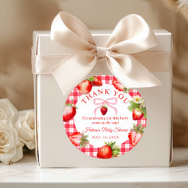 Red Gingham Strawberries Baby Shower Thank You Runder Aufkleber