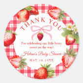 Red Gingham Strawberries Baby Shower Thank You Runder Aufkleber (Vorderseite)