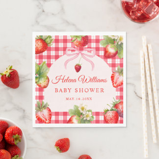 Red Gingham Strawberry Baby Shower Paper Napkin Serviette