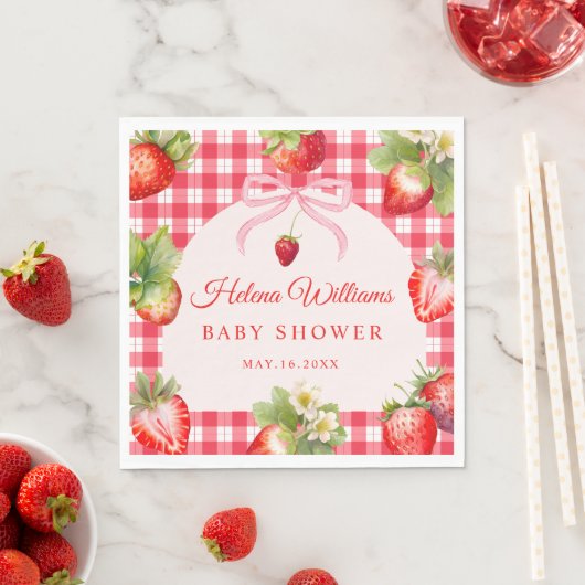 Red Gingham Strawberry Baby Shower Paper Napkin Serviette (Beispiel)