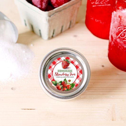 Red Gingham Strawberry Jam Jar Label Quadratischer Aufkleber
