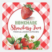 Red Gingham Strawberry Jam Jar Label Quadratischer Aufkleber (Vorderseite)