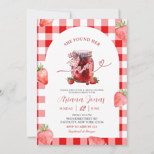 Red Gingham Strawberry Summer Jam Brautparty Einladung (Vorderseite)