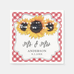 Red Gingham Sunflower Floral Mr. and Mrs. Wedding Serviette