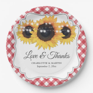 Red Gingham Sunflower Liebe und Danke Wedding Pappteller
