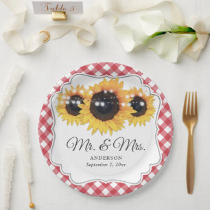 Red Gingham Sunflower Mr. and Mrs. Wedding Pappteller