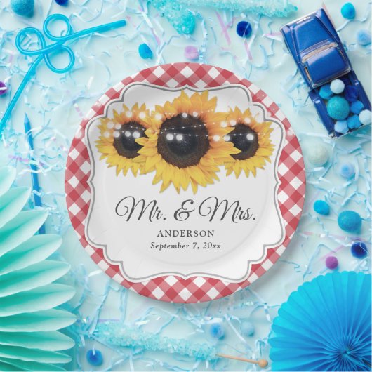 Red Gingham Sunflower Mr. and Mrs. Wedding Pappteller (Party)