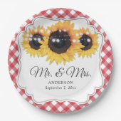 Red Gingham Sunflower Mr. and Mrs. Wedding Pappteller (Vorderseite)