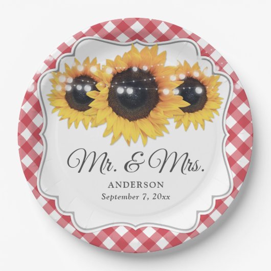 Red Gingham Sunflower Mr. and Mrs. Wedding Pappteller (Vorderseite)