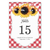 Red Gingham Sunflower Wedding Tischnummer Card (Rückseite)