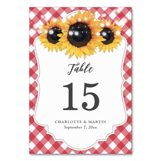 Red Gingham Sunflower Wedding Tischnummer Card (Rückseite)