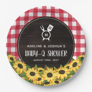Red Gingham & Sunflowers Rustic Baby-Q Dusche Pappteller