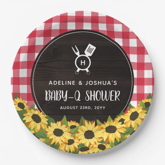 Red Gingham & Sunflowers Rustic Baby-Q Dusche Pappteller (Vorderseite)